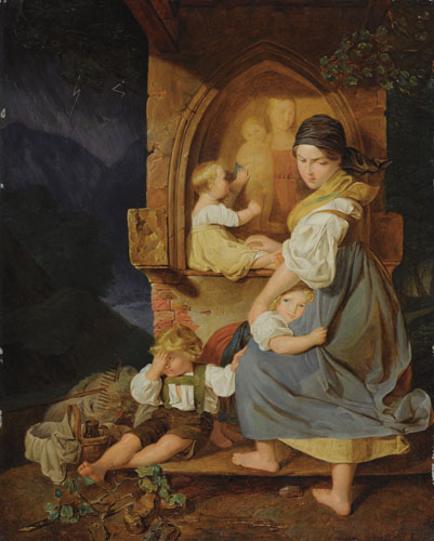 WALDMÜLLER, Ferdinand Georg 1783 – 1865 Zuflucht am Bildstock beim Nahen des Gewitters 	  Öl auf Holz 34,6 x 28,3 cm