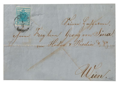 Ersttagsbrief mit Abstempelung 1. 6. 1850, Rufpreis € 12.000