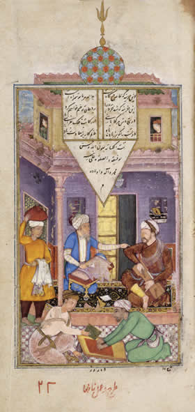 Buchbinder bei der Arbeit Persische Handschrift der Fünf Epen (Chamsa) des Nizami