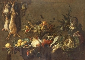 Utrecht, Adriaen van,  Küchenstillleben mit erlegtem Wild, Früchten und Gemüse. 1646