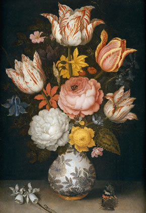 A150/3015 AMBROSIUS BOSSCHAERT d.Ä. (Antwerpen 1573-1621 Den Haag) Blumenstrauss in Vase. Öl auf Holz. 36,5x25,7 cm.  Schätzung auf Anfrage.