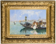 Arcadio Mas y Fondevillas Ölgemälde auf Holz „Gondelstation in Venedig“ (Schätzpreis € 18.000), 