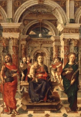 Bernardino Butinone (1450–1507) Thronende Madonna mit dem Jesuskind, Johannes dem Täufer, der hl. Justina und