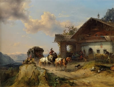 Friedrich Gauermann 		Ankunft des Eilwagens beim Wirtshaus auf dem Brenner in Tirol, 1848