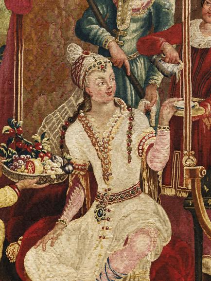 Die Kaiserin von China beim Frühstückstee – als textiles Gemälde gewebt mit einer Schussfadendichte von 20 bis 28 Fäden pro Zentimeter. Detail einer Tapisserie der Manufaktur Beauvais, um 1720/30.