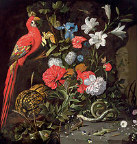 Jacob Marrell „Großes Blumenstück mit Melonen, Reptilien und einem Papagei“