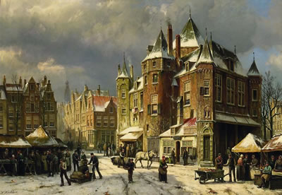 Willem Koekkoek (1839 – 1895) Markttreiben in den verschneiten Straßen einer holländischen Stad