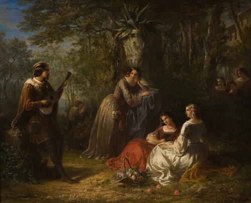 belgische Maler Joseph Meganck jungen Damen ein romantisches Stelldichein beschert (Taxe 14.000,- EUR).