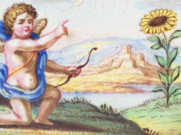 Darstellung eines Putto mit Sonnneblume auf Porzellan, Detail, HLM, MHK