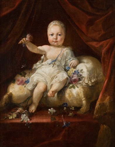 Pierre Mignard, dem Hofmaler Ludwig XIV, stammt das repräsentative herrschaftliche Bildnis eines auf einem großen Kissen thronenden königlichen Knaben 