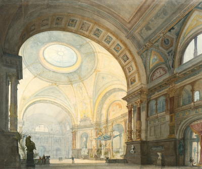  Kuppelsaal des zentralen Ausstellungspalastes Tusche aquarelliert auf Karton, 52,5 x 60,2 cm © Architekturmuseum der Technischen Universität Berlin