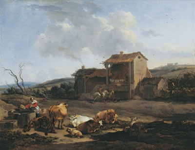 Nicolaes Berchem, Landschaft mit Brunnen  