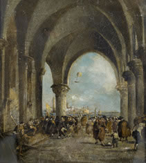 Francesco Guardi zugeschriebene Szene aus der frühen Luftfahrtgeschichte „Der Luftballonaufstieg des Grafen Zambeccari