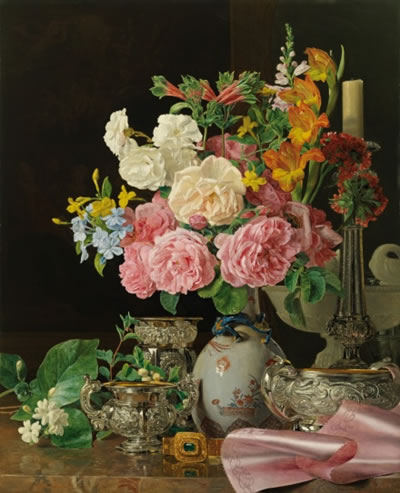 Ferdinand Georg Waldmüller, Blumen in Porzellanvase mit Leuchter und Silbergefässen
