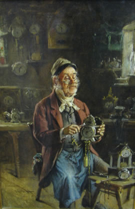 Hermann Kern (1839 – 1912) „Blick in das Interieur einer Uhrmacherwerkstatt“