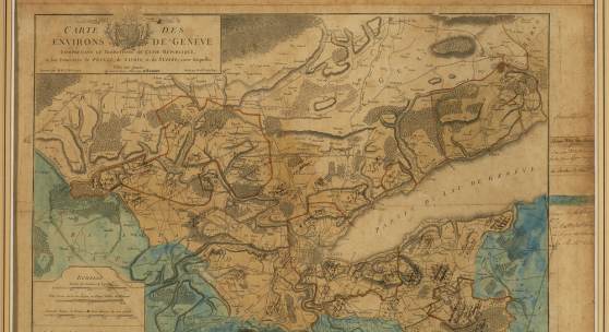 Henri Mallet, Karte des Genfer Umlands […], die 1814 bei den Verhandlungen zum Pariser Frieden verwendet wurde, mit Anmerkungen von Charles Pictet de Rochemont, kolorierte Druckgrafik und Zeichnung, 1776. Karten sind während der Kongresse ein beliebtes Mittel, um Gebietsansprüche zu begründen.