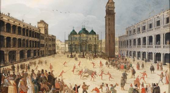 Sebastian Vrancx (1573-1647), Karnevalsszene auf dem Markusplatz in Venedig, Öl auf Holz, 50 x 74 cm, Schätzwert € 180.000 - 220.000 Auktion 24. April 2018