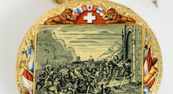 Francois & August Meylan à Genève, Geh. Nr. 25569, 43 mm, 37 g, circa 1844, Goldemail-Schützenuhr, Schätzpreis 16.000 - 30.000 € 