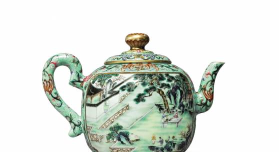 A Rare Turquoise-Ground Famille-Rose The Hui Mountain Retreat Teapot and Cover Qianlong Seal Mark and Period Length 6 7/8  in., 17.5 cm Estimate $300/500,000 Sold for $3,490,000
