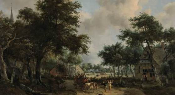  Wooded Landscape with Merrymakers in a Cart, Meindert Hobbema, c. 1665