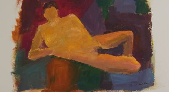Jutta Ebeling-Dehnhard, Female Nude with Colored Background Acrylic on Paper 16" x 20"