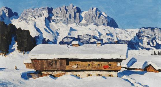 Alfons Walde (Oberndorf 1891 - 1958 Kitzbühel) Wilder Kaiser mit Bauernhof im Winter, ca. 1930, Öl auf Karton, 41,5 x 67 cm, erzielter Preis € 790.500