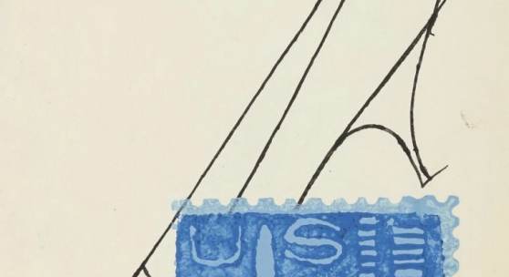 Andy Warhol Blue US Airmail Stamp & Shoe, 1962 7.5" x 5.625" Acrylic & Ink on Paper