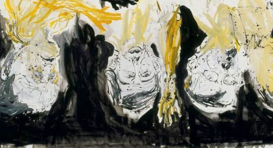 Georg Baselitz, The Bridge Ghost´s Supper, 2006 gelbe Personen auf dem Kopf vor schwarzem Hintergrund