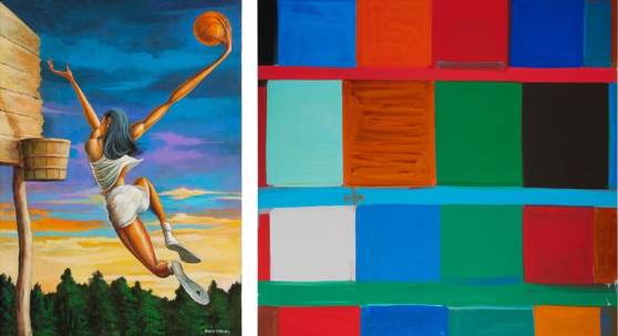 From left to right: Ernie Barnes, The Dunk, 1998, Acrylic on canvas, Estimate: $250,000 - 350,000; Stanley Whitney, Red, Green, Black, Blues, 2013, Oil on linen, Estimate: $500,000 - 700,000