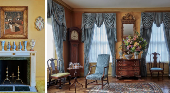 From left to right: William Merritt Chase, In the Studio, 1892; An Exceptionally Rare and Important Pair of Chinese Export Famille-Rose ‘Torchbearer’ Wall Sconces, circa 1740; An Important Chippendale Carved and Figured Mahogany Serpentine-Front and Side Dressing Chest Of Drawers, Circa 1785