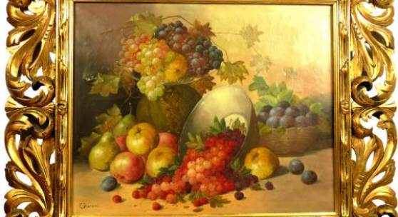 E. Sturani. Sign. Italienisches Stillleben mit reifen Früchten des Südens. Maße mit Rahmen 86 x 99 cm. Lw.  Ausrufpreis: 200,00