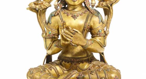 Großer Manjushri auf dem Lotosthron mit Löwensockel Bronze mit Feuervergoldung Sinotibetisch Höhe: 66cm Ergebnis: 38.400 Euro 