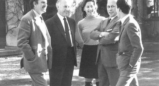 Left to right: Eugenio Gerli, Fulgenzio Borsani, Valeria Borsani, Osvaldo Borsani, and Marco Fantoni at Villa Borsani in the 1960s