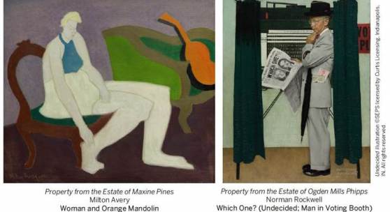 Property from the Estate of Maxine Pines Milton Avery Woman and Orange Mandolin Estimate $800/1,200,000, Property from the Estate of Ogden Mills Phipps Norman Rockwell Which One? (Undecided; Man in Vot