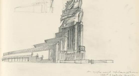  Boris Iofan. Entwurf für den Pavillon der UdSSR auf der Weltausstellung in Paris, eine der ersten Skizzen, Seitenansicht, 1937, Bleistift, 445 × 555 mm © Tchoban Foundation