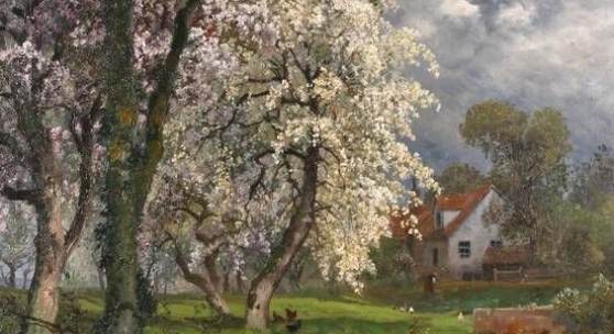 Alois Arnegger, Frühlingsidyll duftig blühende Bäume im hellen Sonnenlicht am Teich, vorm Bauernhaus mit bunter Hühner- und Entenschar,  Limitpreis:	1.200 € 