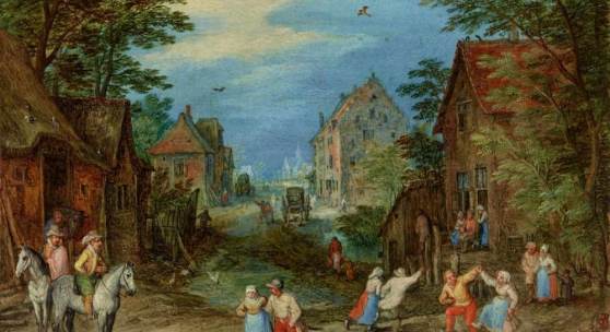 Jan Brueghel d. Ä. Dorfstraße mit tanzenden Bauern Öl auf Kupfer. 11 x 16 cm. Signiert und datiert unten links: 1609. BRVEGHEL. Schätzpreis:	230.000 - 300.000 EUR