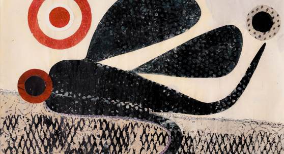Bild 45: Joanna Klakla, Blackdragonflies, Holzdruck, Malerei und Collage auf Papier; 2019. 62&45 cm. Gerahmt in weißer Holzleiste mit Passepartout. 950 €  