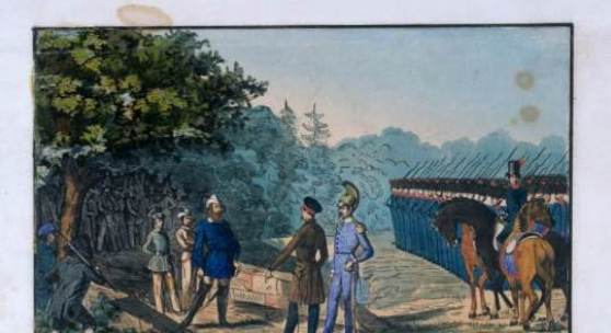 Verhandlung zwischen Hecker und General von Gagern vor dem Gefecht bei Kandern, Farblithografie Wehrgeschichtliches Museum Rastatt