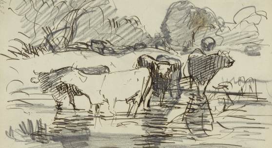 Rudolf Koller, Studie zu «Kühe im Wasser». Aus: Skizzen- buch P 55, fol. 32, vor 1869 Feder in Braun und Grafitstift auf Papier, 16,7 x 10,5 cm Kunsthaus Zürich, 1905