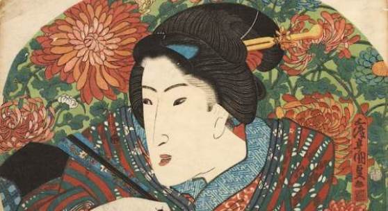 Utagawa Kunisada (1786-1865): „Dame vor Chrysanthemen“ ca. 1825, Farbholzschnitt, Oban-Fächerbild, beschnitten, 23,5 x 29,6 cm, Museum Kunstpalast, Düsseldorf, Graphische Sammlung