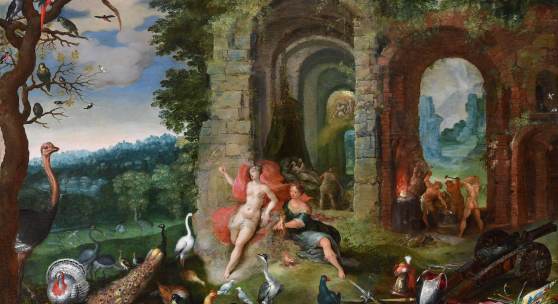 Galerie Lowet de Wotrenge  Exhibition title: From Bloemaert To Brueghel: A Selection Of Northern Paintings, Sculptures & Works On Paper Jan II Brueghel (Antwerp 1601 - 1678) &  Frans II Francken (1581 - 1642) An Allegory of Air and Fire oil on oak panel 53 x 74 cm