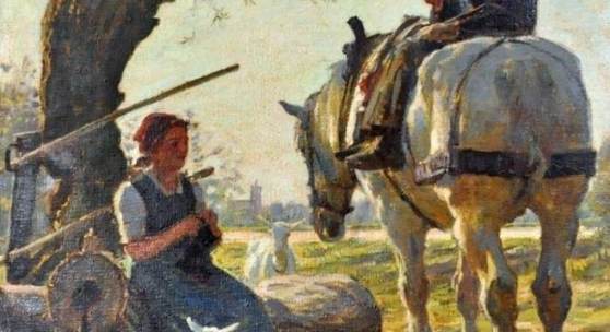 JUNGHANNS Julius Paul (1876-1958/Wien-Düsseldorf) "Ziegenhirtin und junger Bauer auf Pferd", Mindestpreis:	950 EUR 
