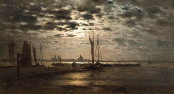Louis Douzette (1834 Tribsees - 1924 Barth) Mondlicht über Stralsund. Schätzpreis:	11.000 - 13.000 EUR
