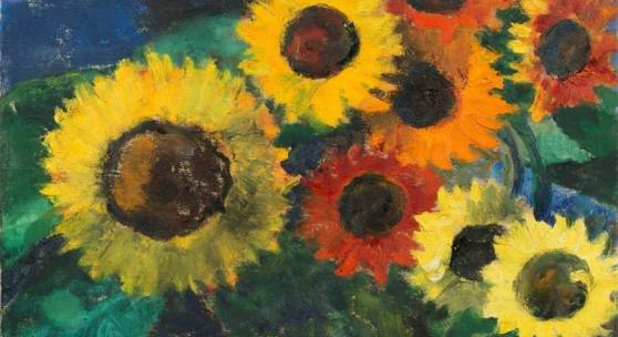 Emil Nolde (Nolde 1867 – 1956 Seebüll) „Leuchtende Sonnenblumen“. 1950 Öl auf Leinwand. 68,5 × 89 cm ( 27 × 35 in.). Schätzpreis:	800.000 - 1.200.000 EUR