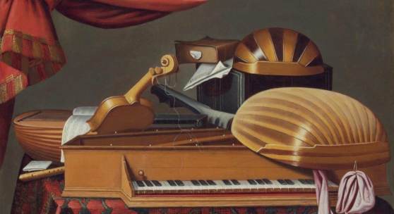 Evaristo Baschenis, Werkstatt, Stillleben mit Musikinstrumenten, 2. Hälfte 17. Jahrhundert, MHK, Gemäldegalerie Alte Meister