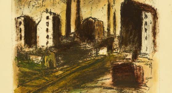 Willy Davidson, Bahngleise, Aus der Mappe:  Erde und Eisen, 1920, Lithografie, koloriert, 50,2 x 40 cm, © Museum für Kunst und Gewerbe Hamburg