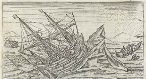 Print from the travel report by Gerrit de Veer. At the end of August 1596, the ship got stuck in the drifting ice in a bay off the northeast coast of Nova Zembla. As a precaution, the crew began to bring provisions from the ship to the island.