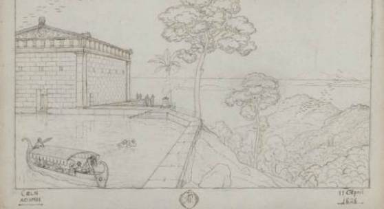 Klassische Landschaft mit Tempel  Friedrich Wilhelm IV., 1828, Bleistift, Feder in Braun © SPSG 