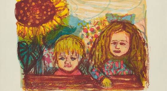 Bild 11: Otto Dix, Zwei Kinder mit Sonnenblume, Farblitografie, Ex.:73/80; 73,5&57,5 cm. 3.200 €